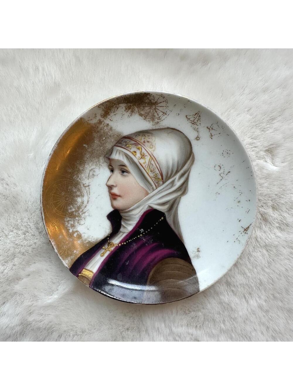 Vintage Painted Porcelain Portrait Plate Miniature Gold Gilt Victorian 3 Inches
